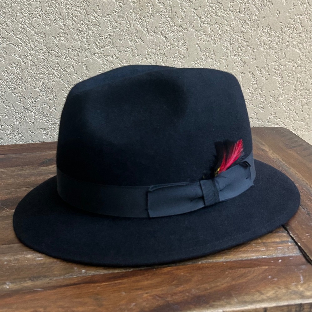 Vintage Robert Hall Black Genuine Fur Felt Fedora‎ Hat Mens 7 3/8 Made in Canada